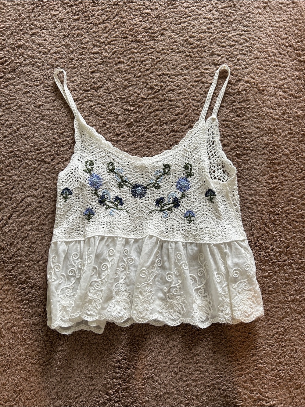Altar'd State Cream Crochet Cami with Blue Floral Embroidery